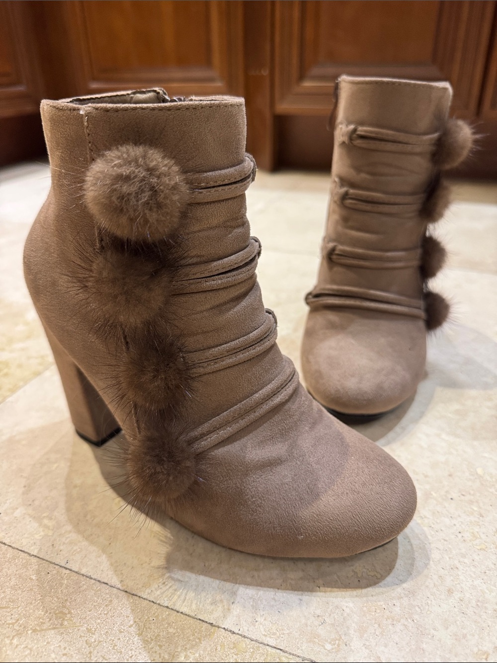 TOP Moda Taupe Suede Pom Pom Ankle Boots